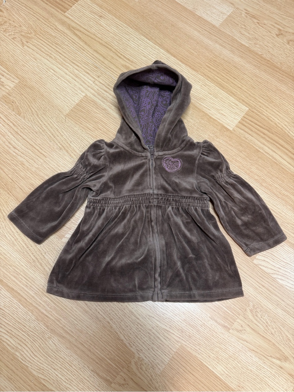 Sonoma Baby 12M Brown Velour Hooded Zip Jacket Embroidered Heart Cotton Blend